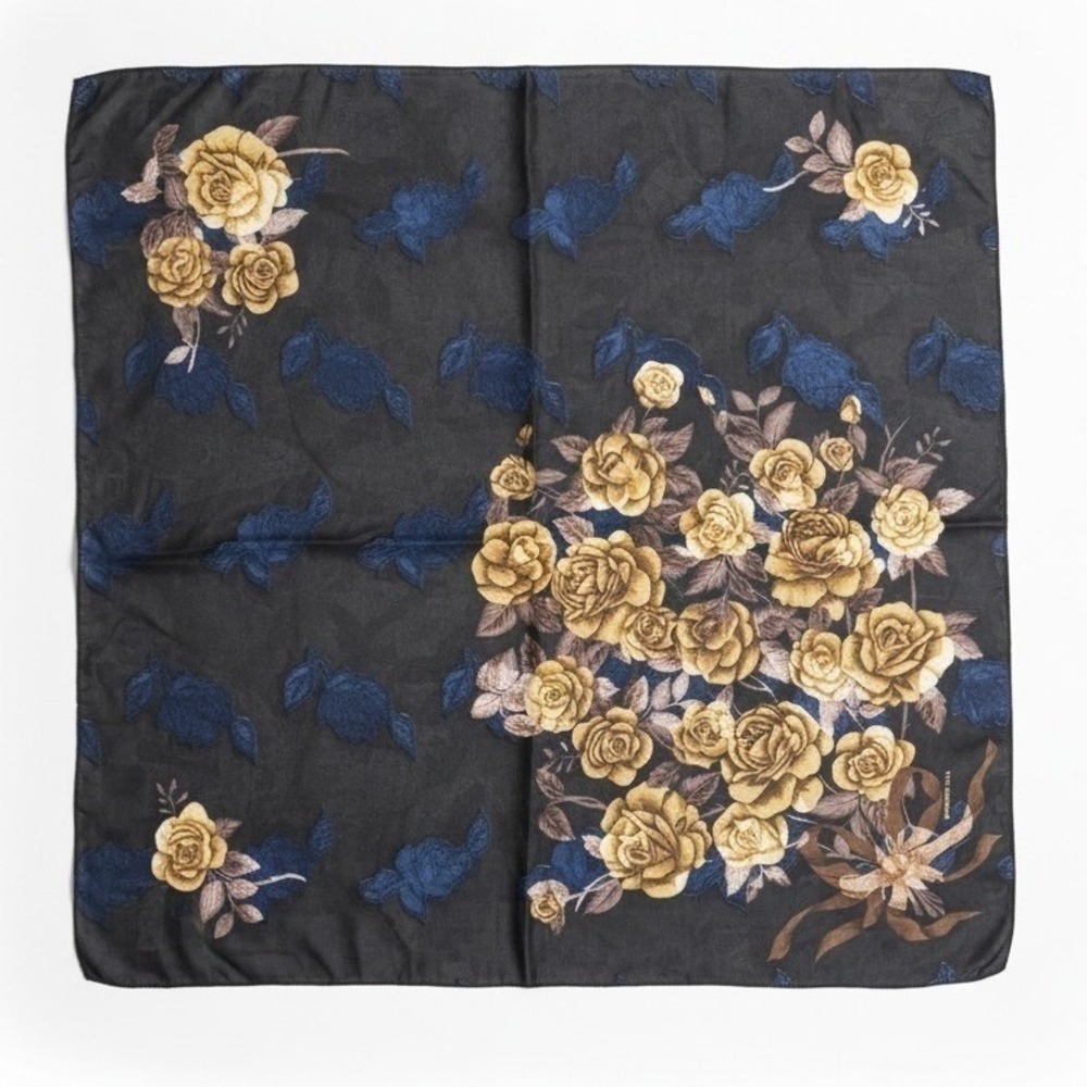 Liz Claiborne Vintage Floral Square Scarf Black Navy Gold Rose Sheer 34x34